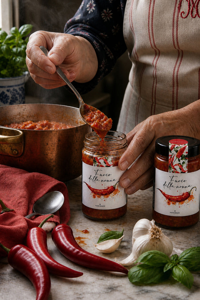 Handgemachte Chili-Sauce wird frisch ins Glas gefüllt