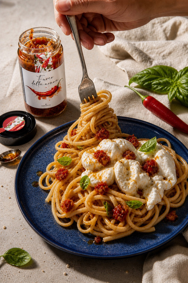 Pasta mit Burrata und würzigem Fuoco-Topping