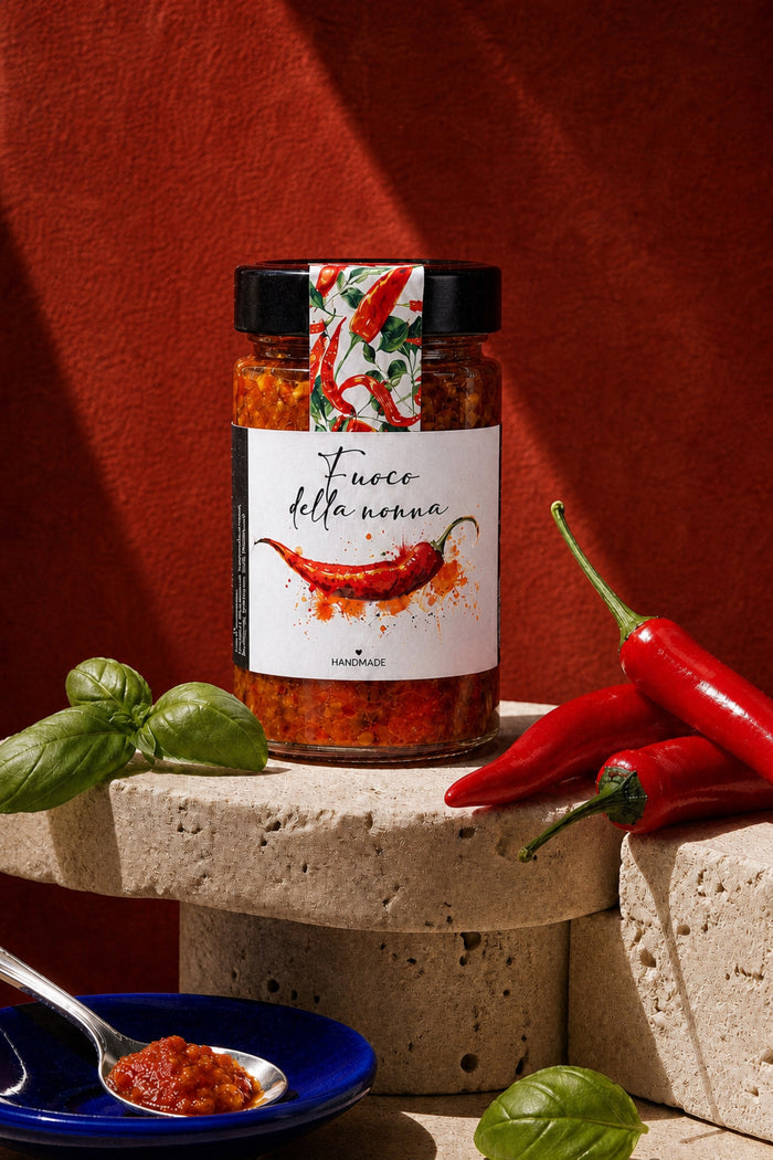 Fuoco della nonna mit frischen Chilis und Basilikum